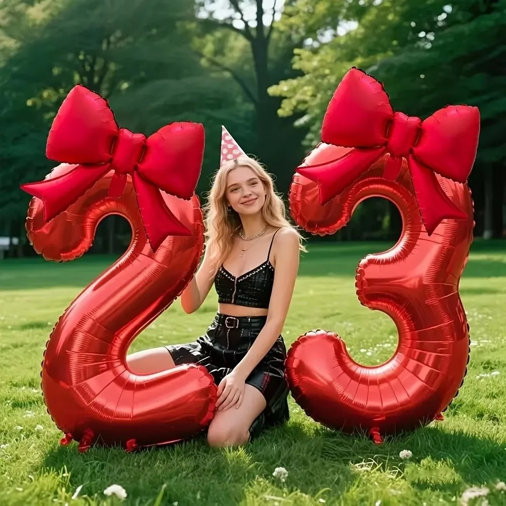 Trendy Large 32inch Number Digital 0-9 Balloon with Red Bowknot Red Foil Balloons Anniversary Decoration Birthday Party Balloons