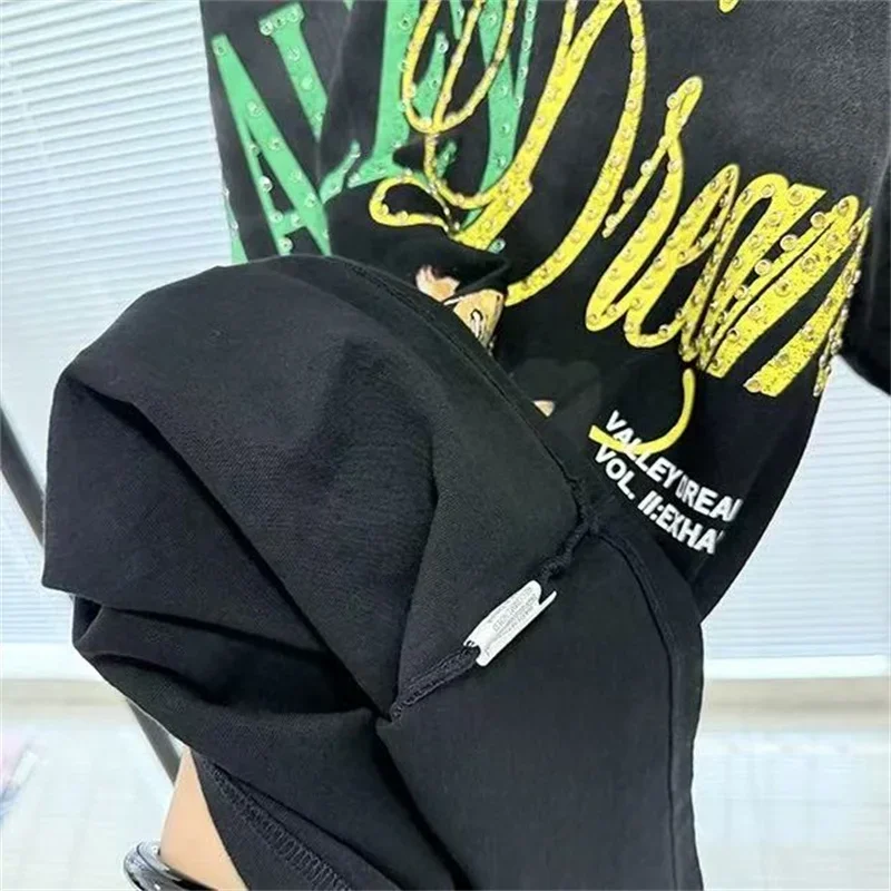 

Черные потертые рубашки Hot Drill Letters Vale для мужчин и женщин, лучшее качество, футболки из чистого хлопка с принтом Valley Band в американском стиле