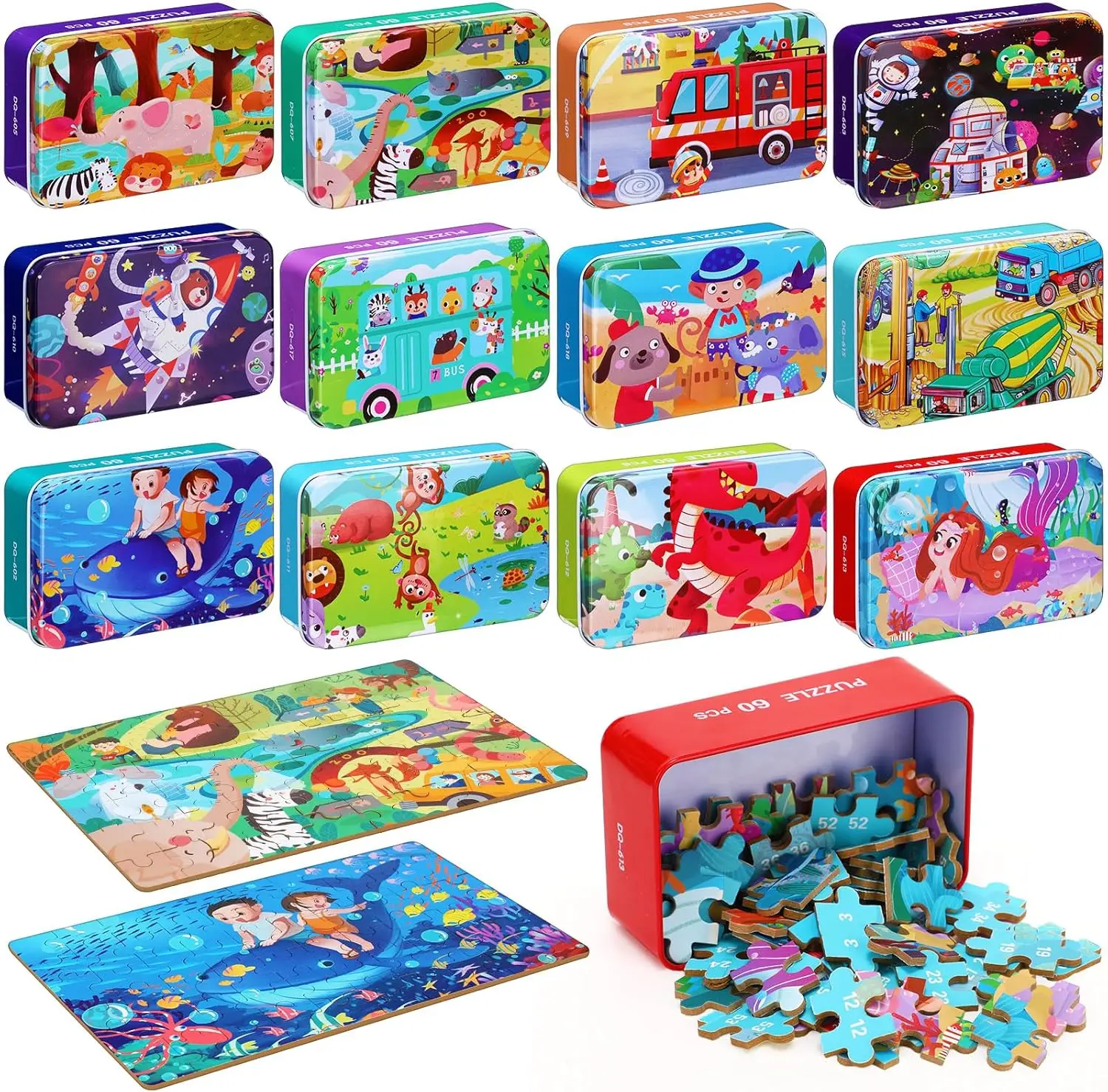 

12 Metal Box Wooden Jigsaw Puzzles for Kids Ages 4-8, Educational Learning Toys with 12 Styles