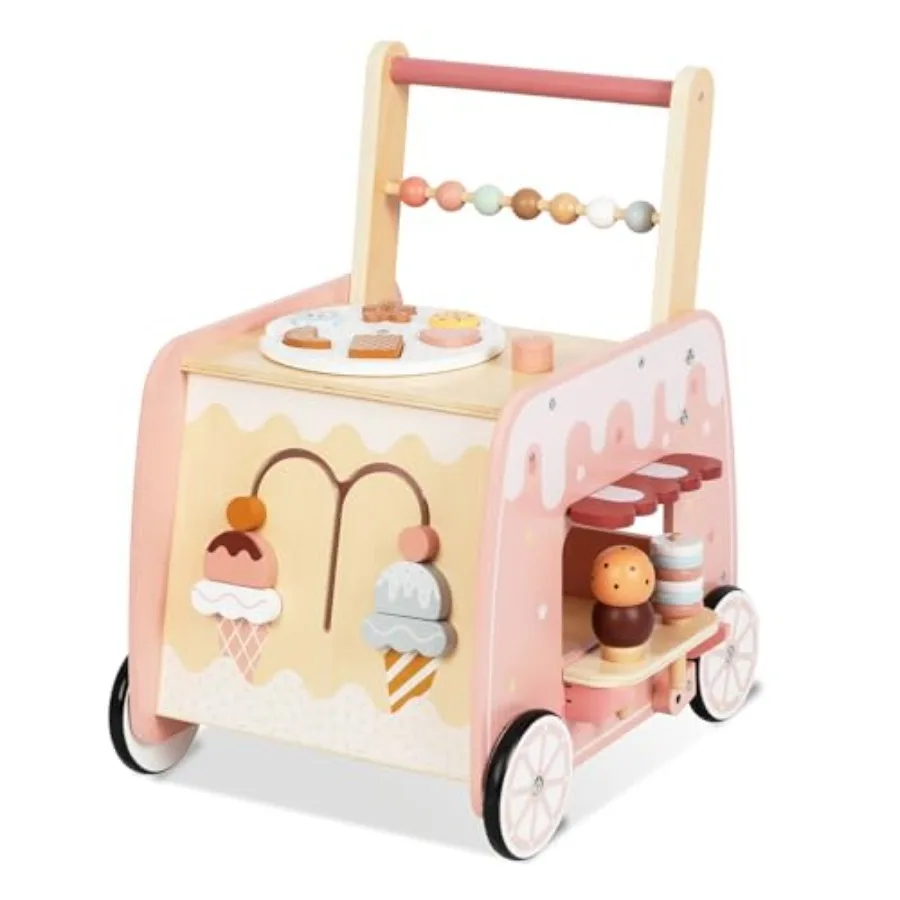 

Wooden baby walker activity toy for toddlers 18-36M: multifunctional ice cream cart with wheels natural wood finish smooth-push