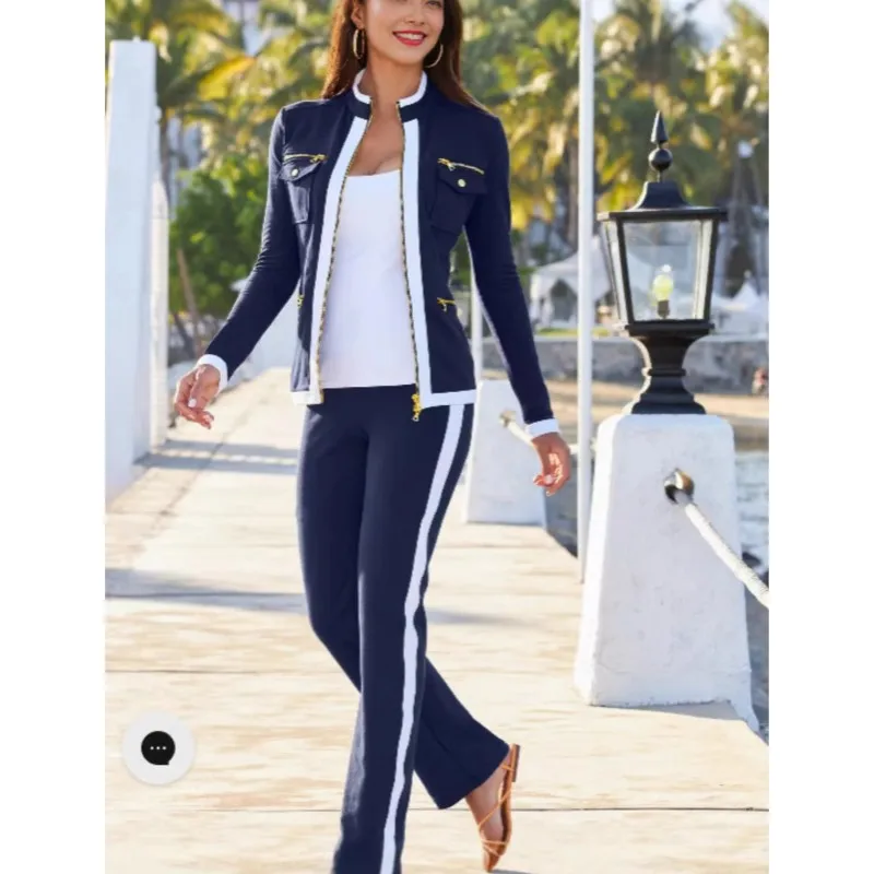 Spring Autumn New Fashion Two Pice Set Color Contrast Zipper Elegant Office Pencil Suits Women Casual Bodycon Pants Set Outfits