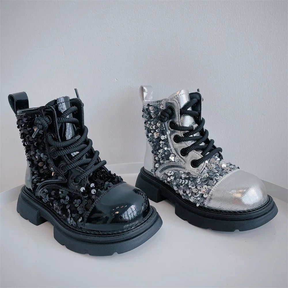 

Children's Autumn And Winter Mid-Tube Round Toe Black Silver Warm Lace-up Martin Boots Sequins Boys And Girls Fashion Boots