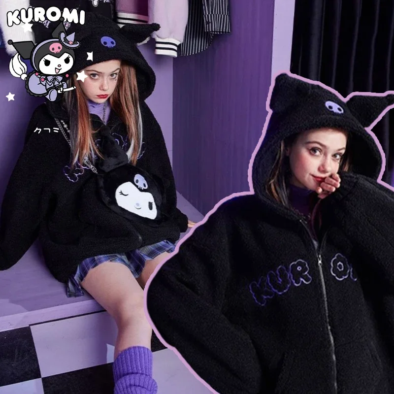 Kuromi Hoodie Women Autumn Winter Cute Thicken Keep Warm Jacket Fashion New Zip Cardigan Kawaii Sweater Long Sleeve Top Gift