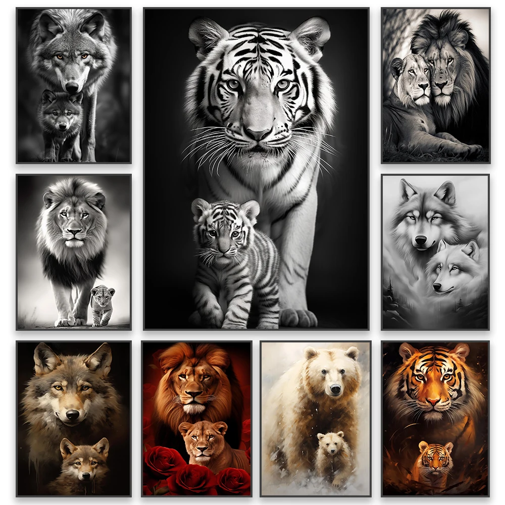 

Black and White Cub Prints Modern Wild Animal Poster Colorful Tiger Wolf Canvas Painting Large Living Room Bedroom Home Decor