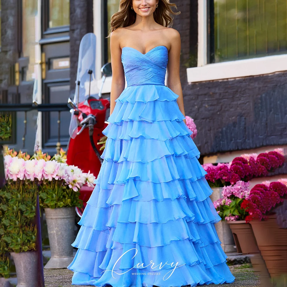 Curvy Dreamy Delicate Sky Blue A-Line  Chiffon Strapless Prom Dresses for Women Tiered Ruffle Chiffon Gown Ruched Customize