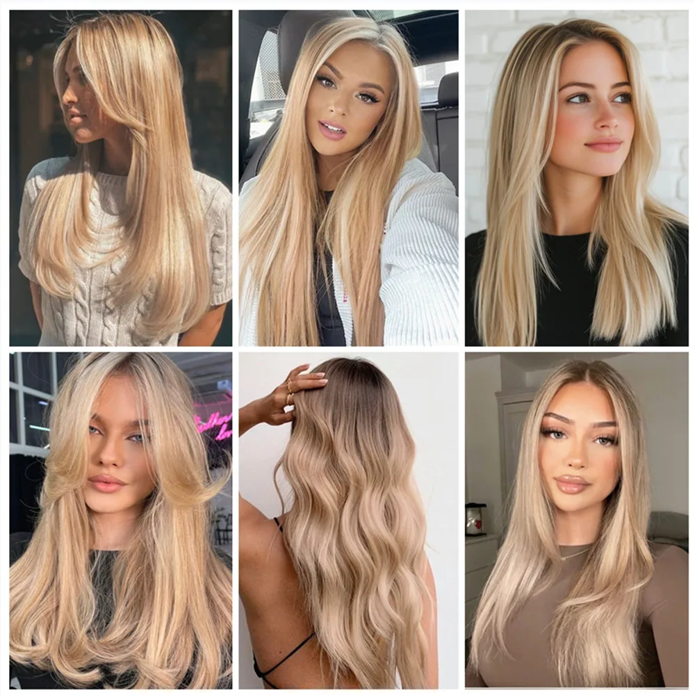 Topper de pelo en capas Rubio degradado con flequillo para mujer, Toppers de pelo sintético, Base suiza con 3 Clips para adelgazar el cabello, 14