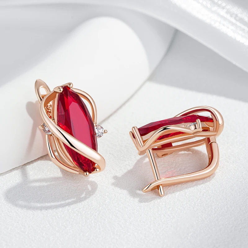 Kinel Hot Shiny Red Natural Zircon Drop Earrings for Women Fashion 585 Rose Gold Color High Quality Daily Fine Vintage Jewelry