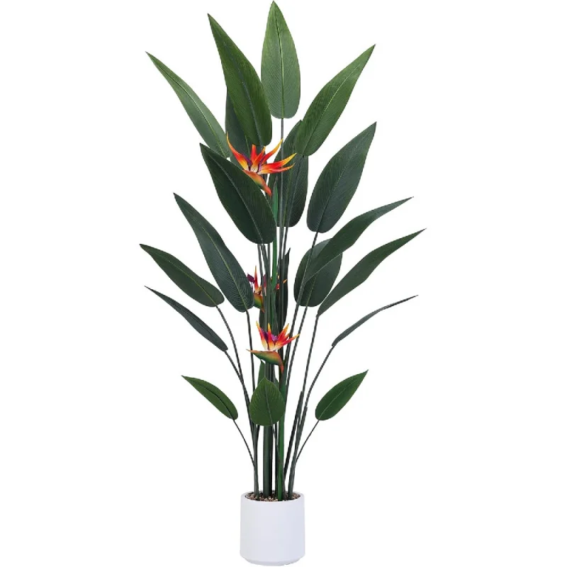 Planta artificial de pájaro del paraíso, planta de hoja de plátano falsa de 5 pies de alto para interiores y exteriores, flores artificiales, imitación