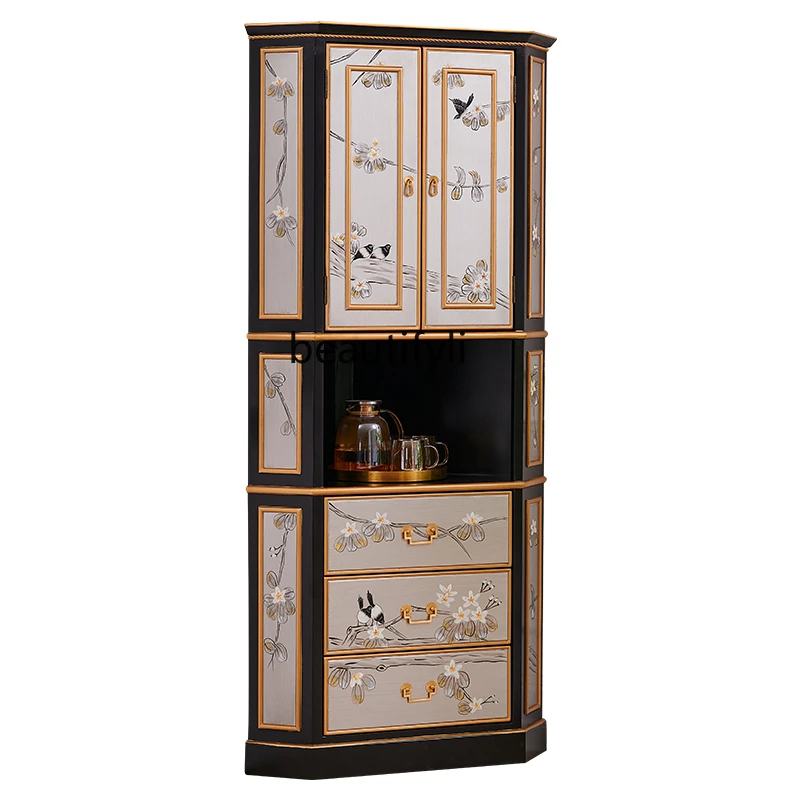 

C New Chinese Style Solid Wood Painted Flowers and Birds High-End 90 Degrees Corner Shelf Triangle Locker