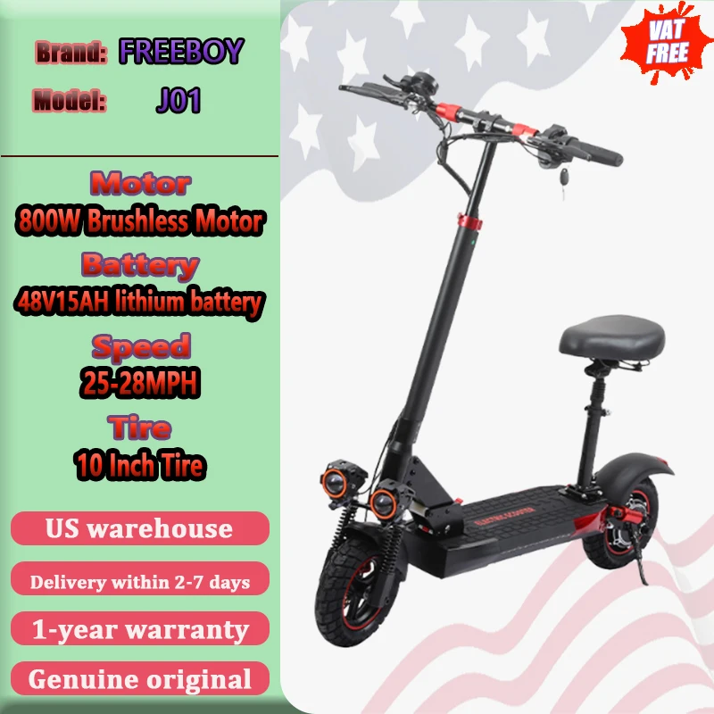 

J01 Электрический скутер 800 Вт, двигатель 48 В 15 Ач, аккумулятор с сиденьем, электронный скутер для взрослых, 10-дюймовые шины, городские пригородные вездеходные складные скутеры