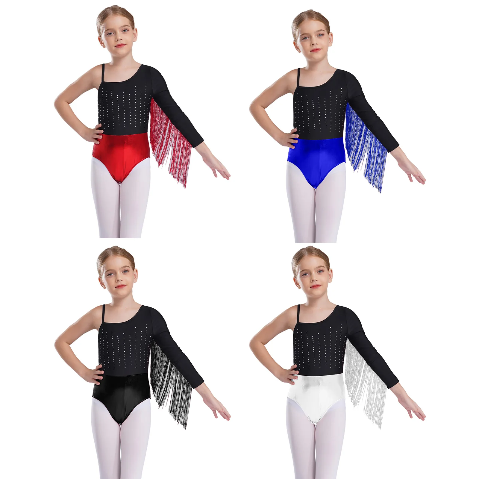 

Kids Latin Dance Leotards Costumes for Girls Fringed Long Sleeve Rhinestones Bodysuit for Cha-Cha Tango Rumba Samba Performance