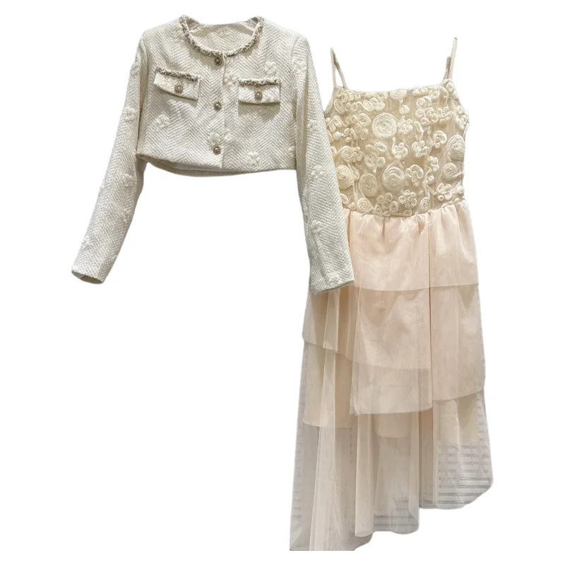 ชุดเซ็ตกระโปรงไหมพรมถักและเสื้อทวีดแฟชั่นสำหรับผู้หญิง คอลเลคชั่นฤดูใบไม้ร่วง สไตล์ฝรั่งเศส ชุดสูทสองชิ้น