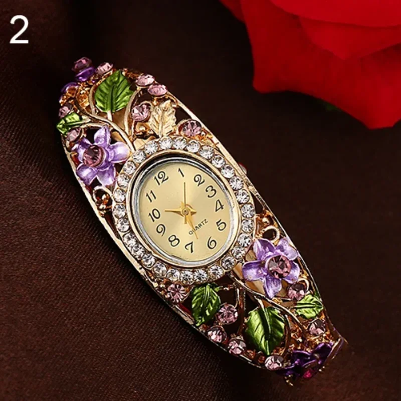 Women Lady Beauty Crystal Colored Alloy Flower Bangle Bracelet Gold Watch Analog Quartz Classic Dress Wristwatch Fashio