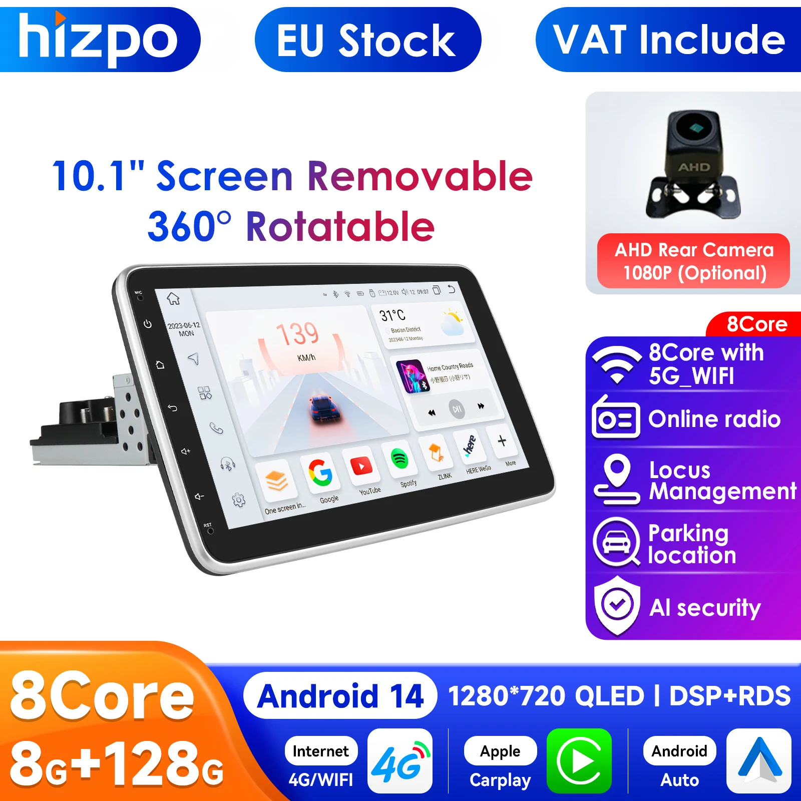 8 + 128G 10,1 ''360 giratorio 1 Din AutoRadio GPS para reproductor Multimedia de coche Universal estéreo 1DIN vídeo Autoradio Carplay HeadUnit