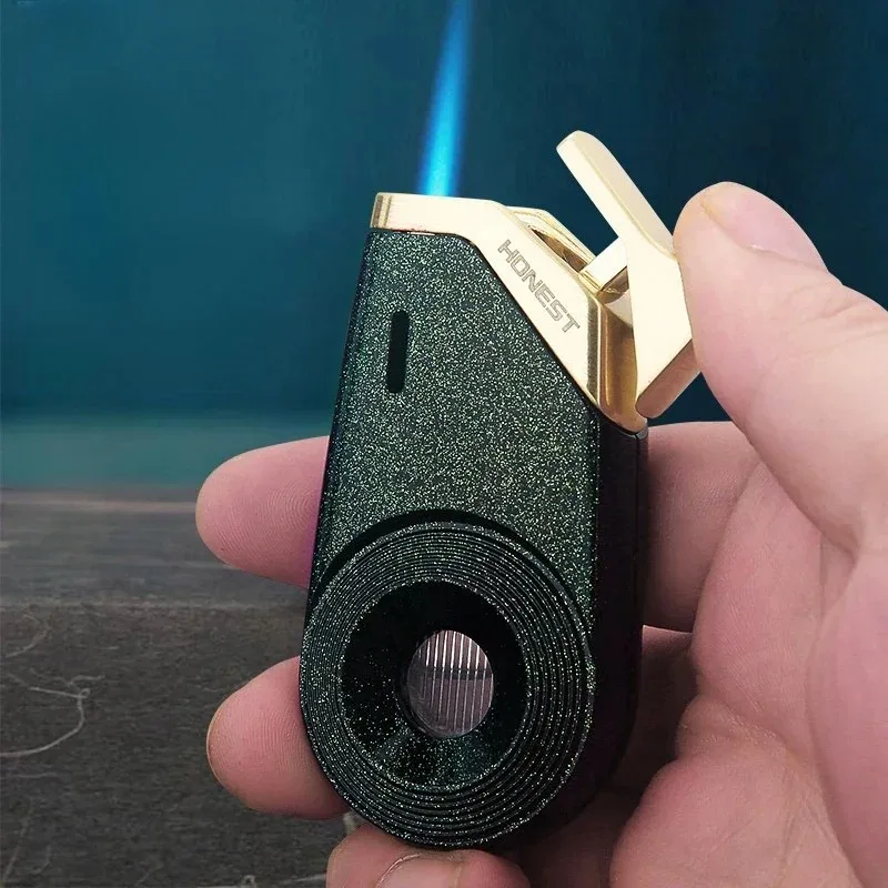 HONEST Briquet torche à gaz butane créatif coupe-vent à flamme bleue, avec fenêtre de niveau de gaz visible, portable, pour cigares, cadeaux pour hommes fumeurs