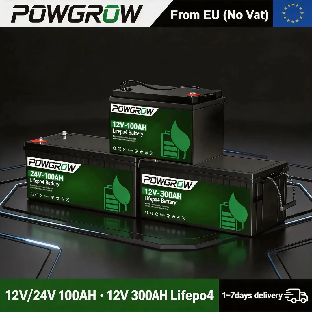 POWGROW Batteria LiFePO4 12V 100AH 300AH, Batteria al Litio Ferro Fosfato con BMS Integrato, 6000+ Cicli, per Inverter Solare RV, Senza Tasse