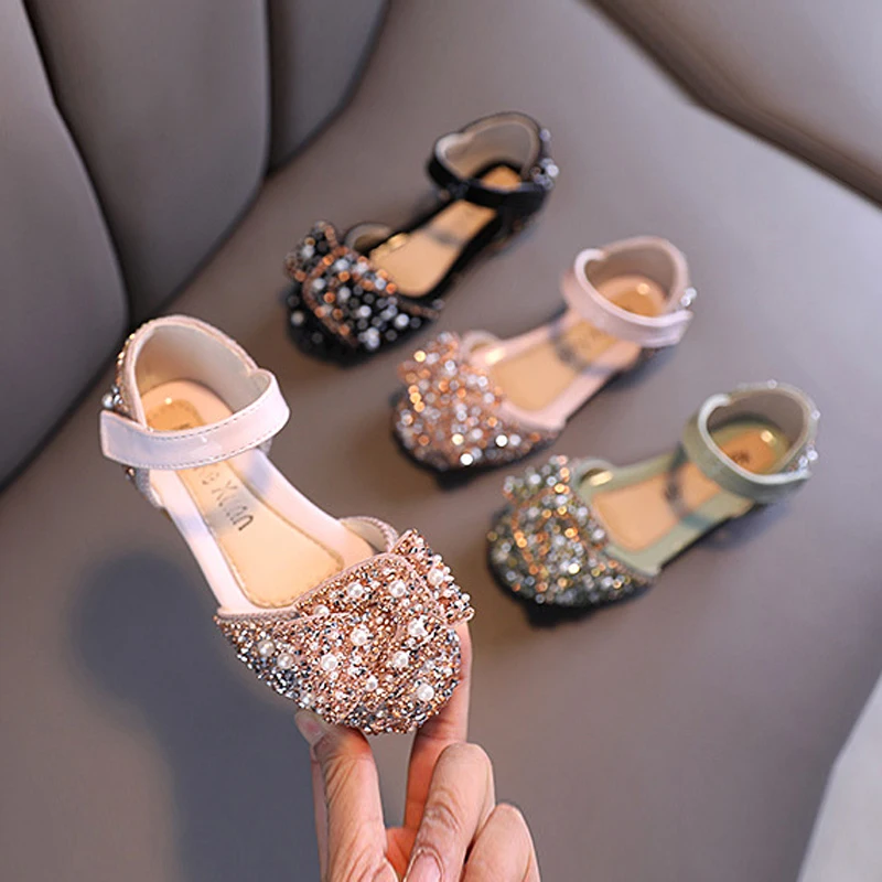 

Демисезонные новые детские туфли с жемчужинами и бриллиантами, Детские блестящие туфли принцессы, обувь для маленьких девочек на свадьбу