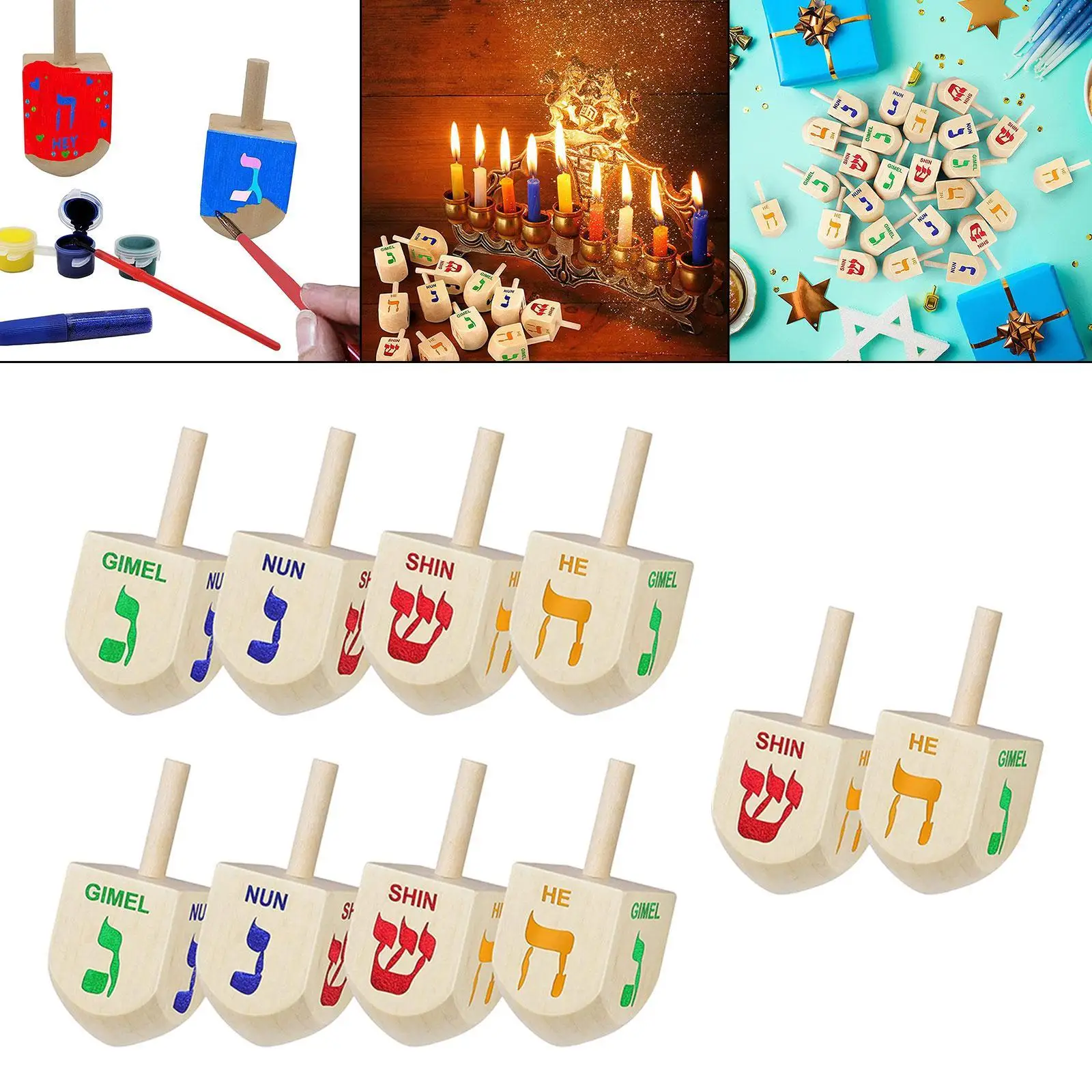 

10x Wood Dreidels Funny Rotating Top Ornaments for Game Home Party Supplies