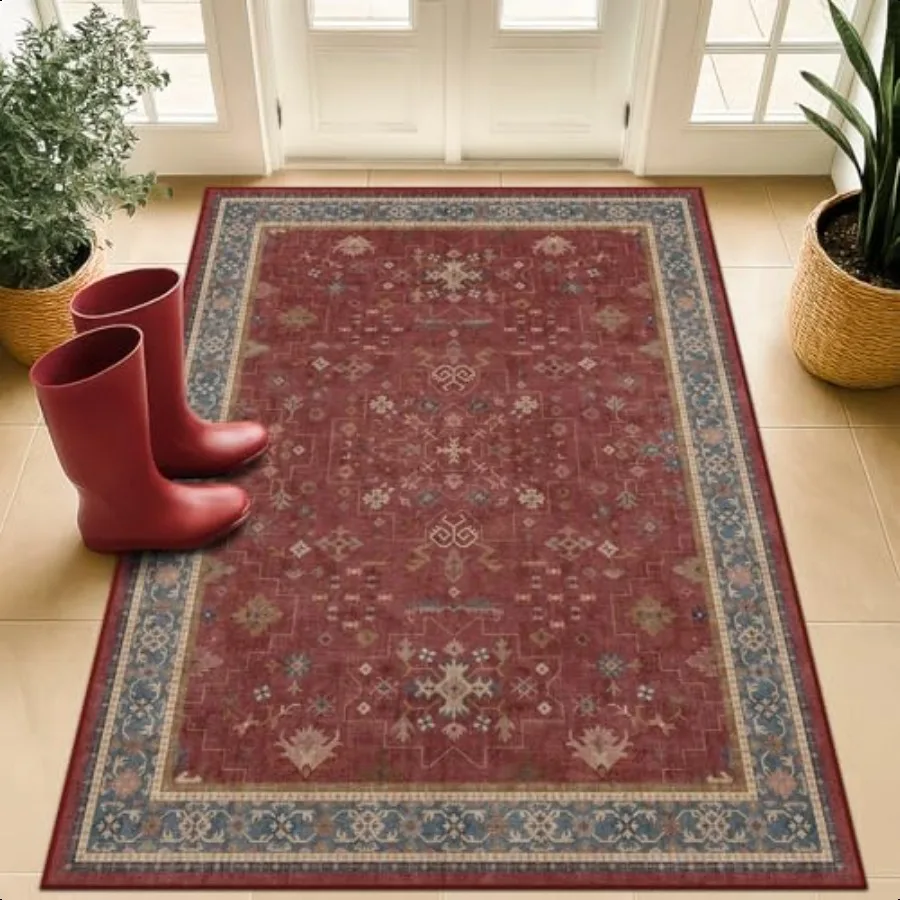 

Washable 3x5 Entry Way Rugs Indoor Bury Large Kitchen Rug Non Slip Bohemian Red Low Pile Thin Carpet for Bedroom Bedside Foyer