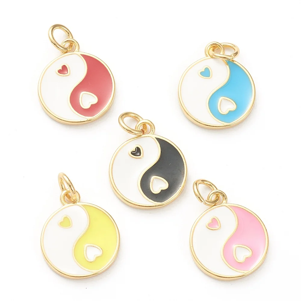 10pcs Multi-Color Brass Enamel Flat Round Heart Pendants, Long-Lasting Plated Finish for DIY Necklace Bracelet Jewelry Making