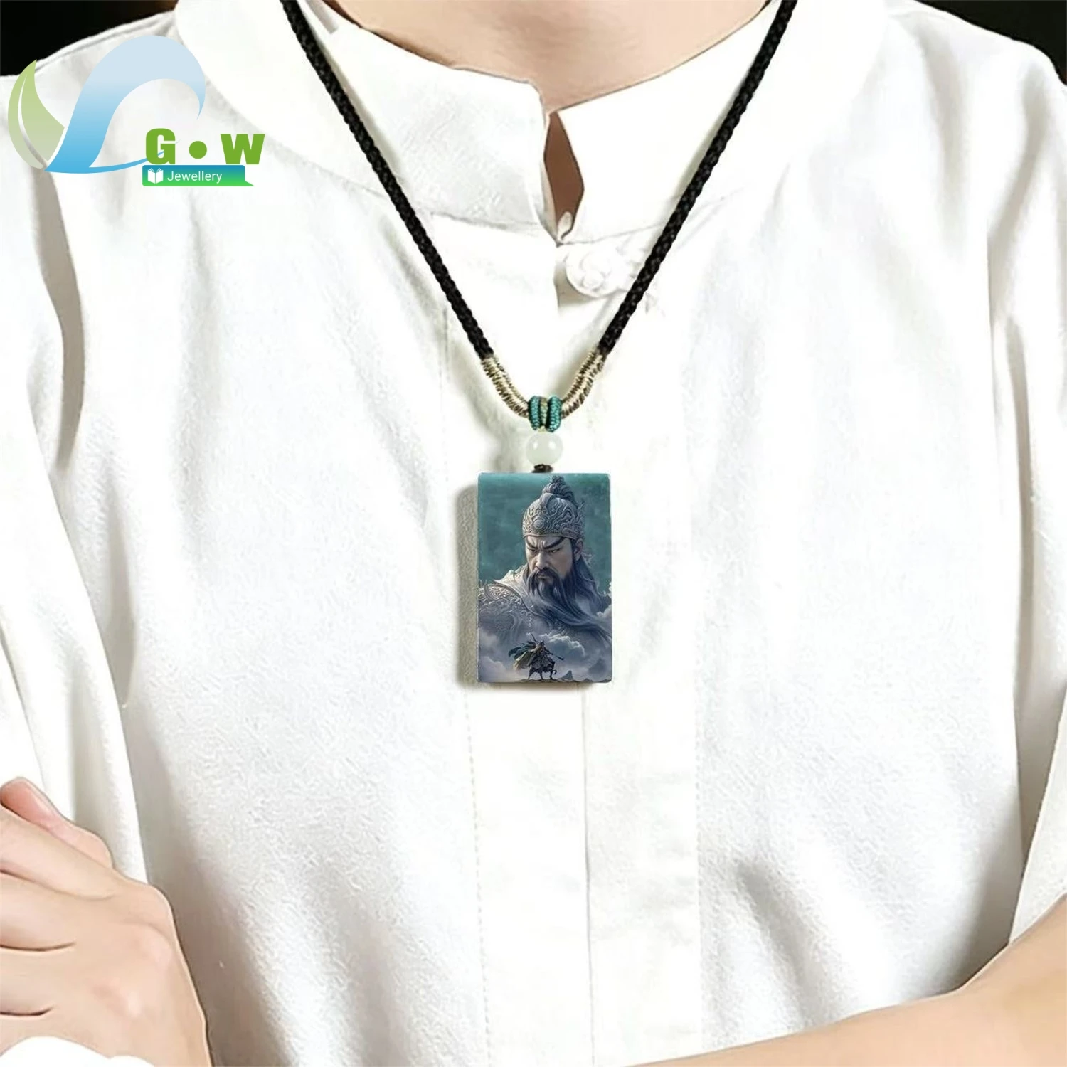 Natural Grade A Jadeite High Ice Old Material Guan Gong Pendant Double Side Art Print Hanging Amulet Necklace Unisex Fine