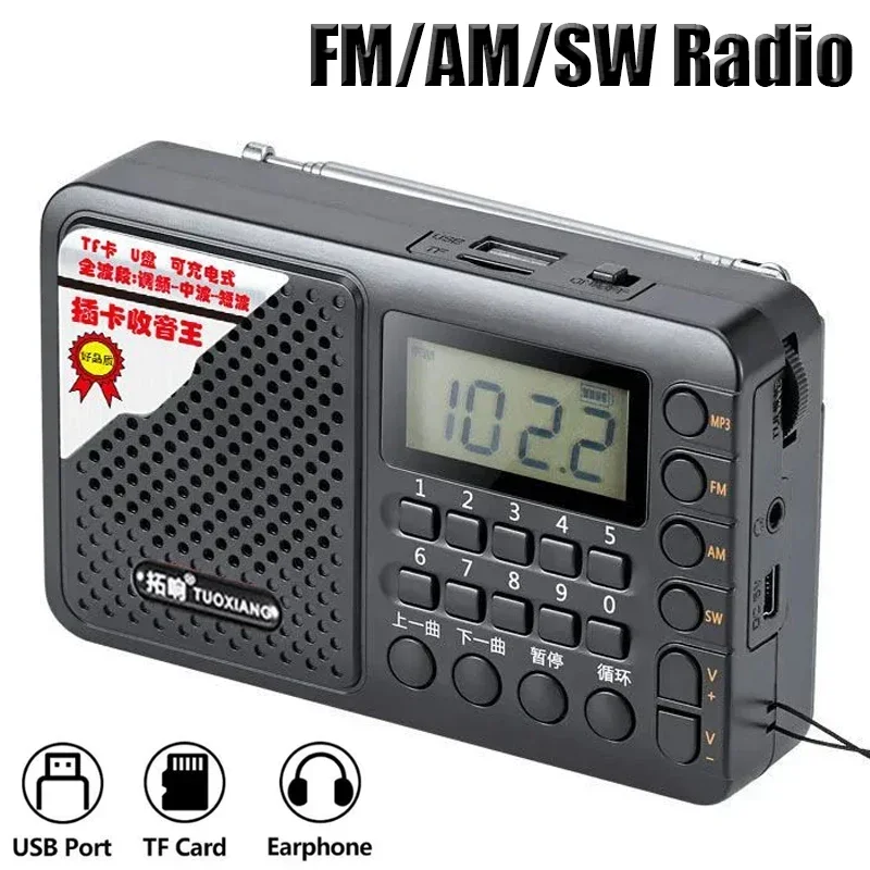 

Full Band Radio Portable FM/AM/SW Receiver Rechargeable Radio TF/USB Music Player with LCD Display 3.5mm Headphone Jack