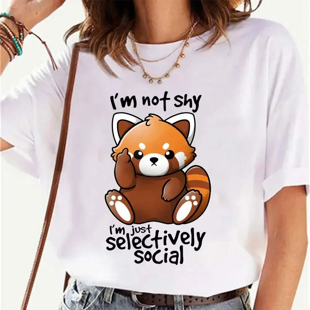 Shy Red Panda Print Women's T-shirt Chibi Animal Funny Cute Short Sleeve Aesthetic Kawaii Cotton Everyday Summer Clothes