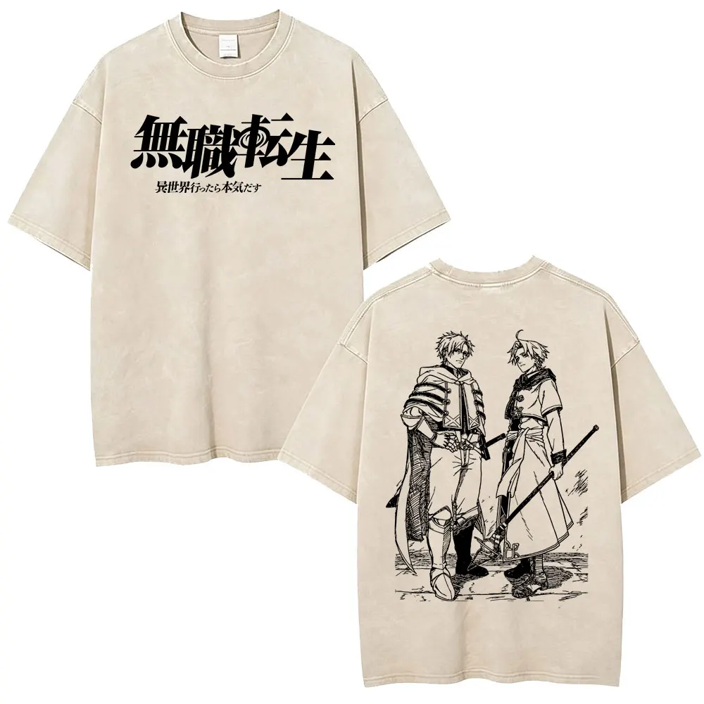 Anime Mushoku Tensei Jobless Reincarnation Rudeus Greyrat Paul Greyrat Vintage Washed T-Shirt Herren Damen Mode Casual T-Shirt – Detail 4