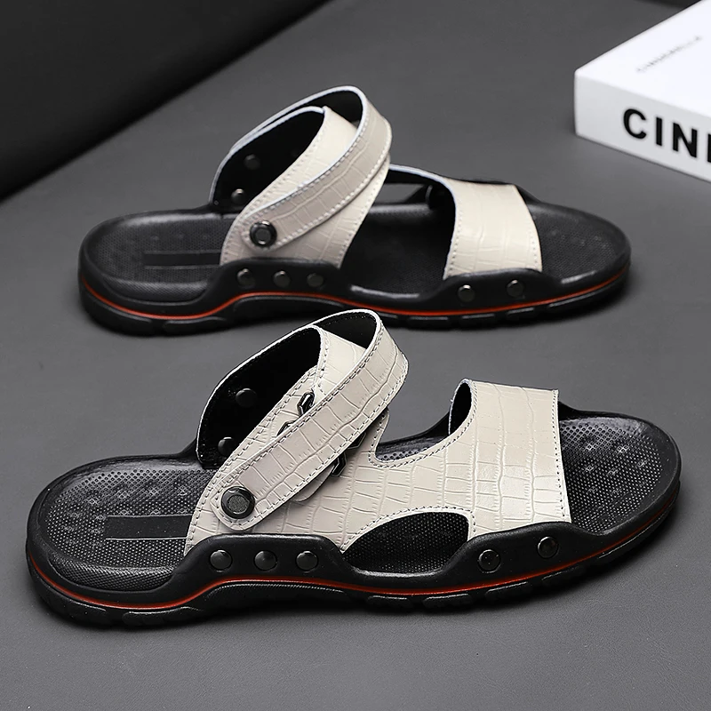 High Quality Men\'s Slippers with Double Button Design Trendy Fashionable Black White Flat Shoes New Summer Big Size: 38-48