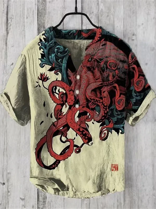 2024 cross-border summer new 3D digital heat transfer animal landscape 3-button large size stand-up collar short-sleeved shirt