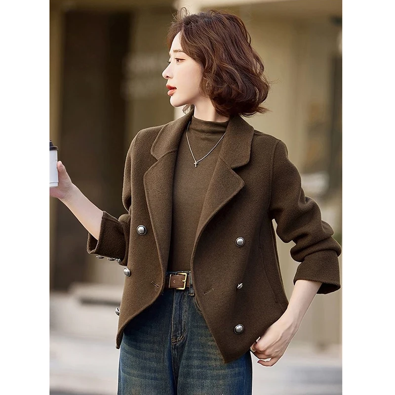 

Женское короткое шерстяное пальто, новинка 2026, весна-осень, двубортная куртка из смешанной шерсти, топ, корейский женский вариант с высокой похвалой