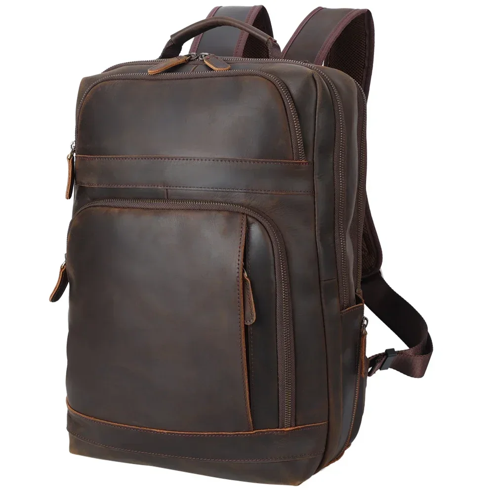 Factory Wholesale Genuine Full Grain Leather Men's Back Pack School Bag Vintage Outdoor Crazy Horse Cowhide Laptop Backpack