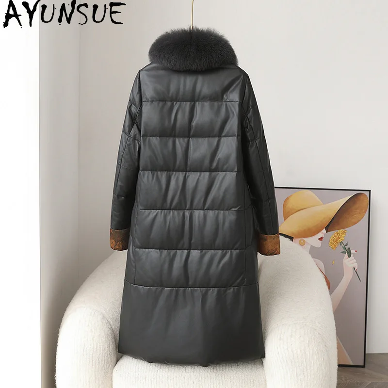 AYUNSUE 정품 가죽 다운 재킷 여성 겨울 의류 2025 중간 길이 양피 여성 코트 여우 모피 칼라 Jaqueta De Couro
