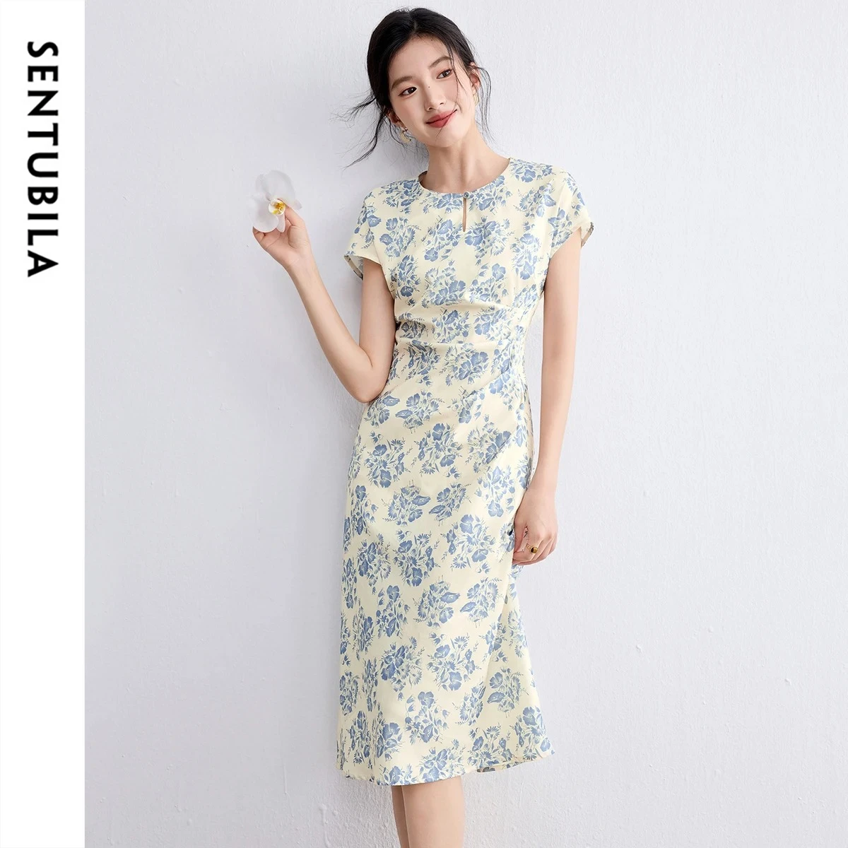 

SENTUBILA Summer Woman Dress For 2026 Chinese Style Apricot Print Round Neck Casual Elegant Midi Dresses Women Clothes Q52LB3448