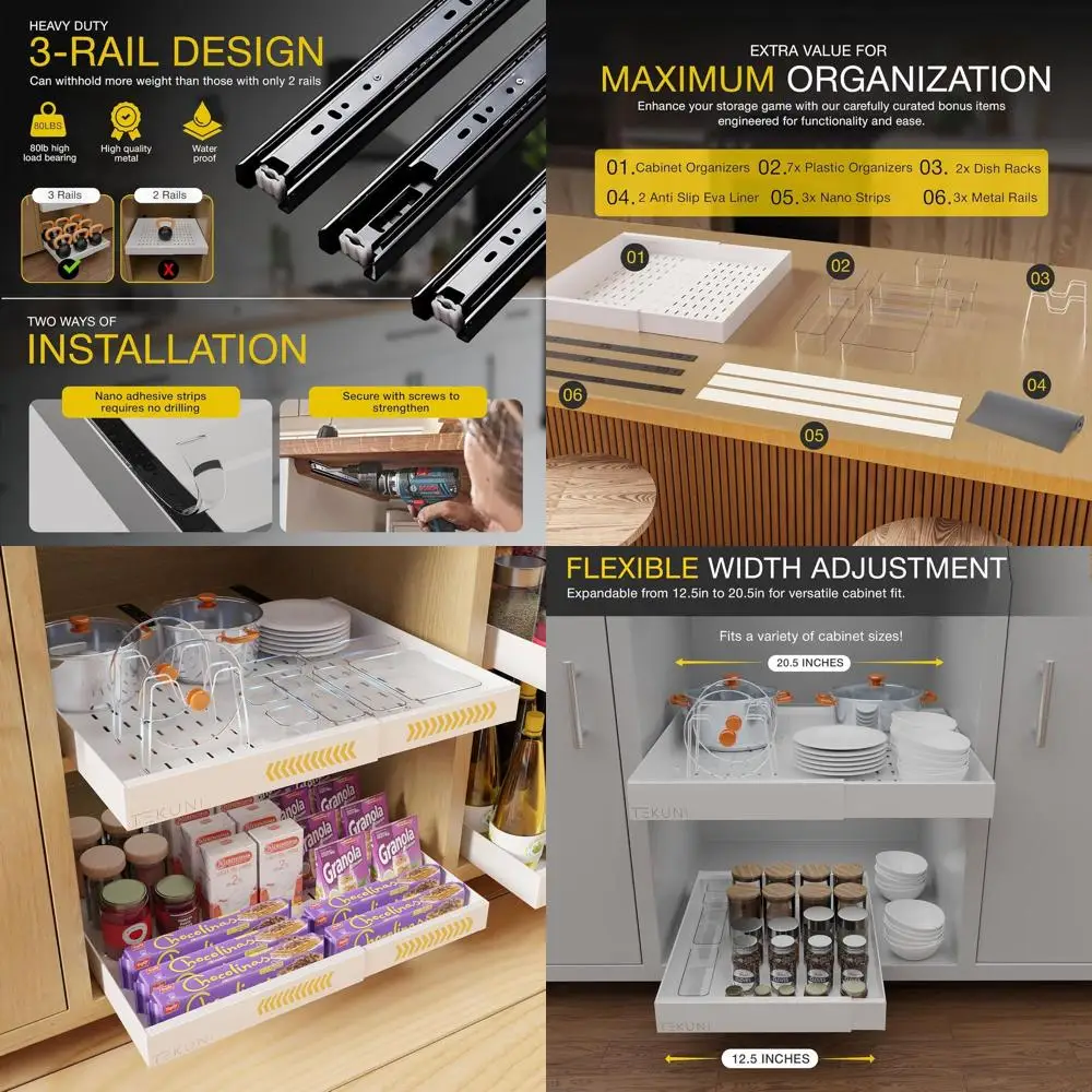 

Expandable 2-Tier Pull-Out Cabinet Organizer - Heavy-Duty 3-Rail Rack for Kitchen, Pantry, and Bathroom - Adjustable 12.5 to 20.