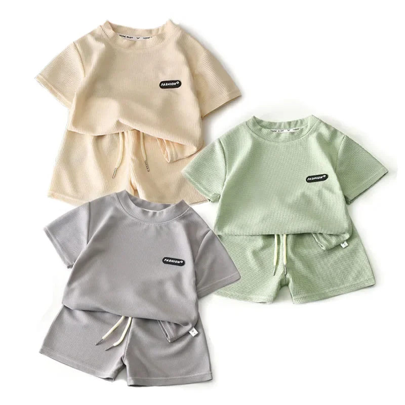 

2Pcs Fashion Children Short Sleeve Shorts Sets Summer Kids Clothes Boy Girl Baby Cotton Tee Pant Outfits Soild Color Tracksuits