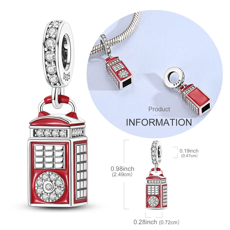 

Original Real 925 Sterling Silver Charm Bead Red Telephone Booth Pendant For Women Fit Original Bracelet Necklace DIY Accessorie
