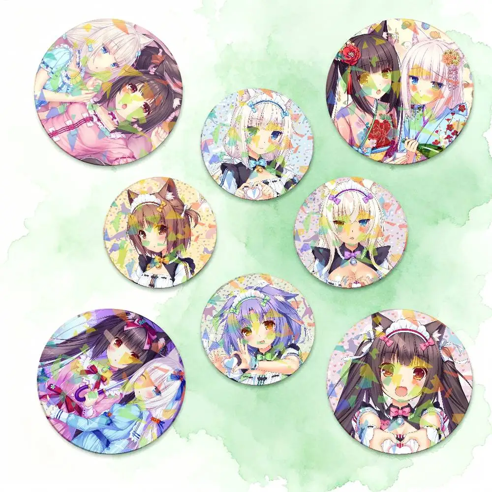 Love Adventure Game NEKOPARA Round Badge Lapel Pins for Backpacks Briefcase Laser Brooch Clothes Gifts