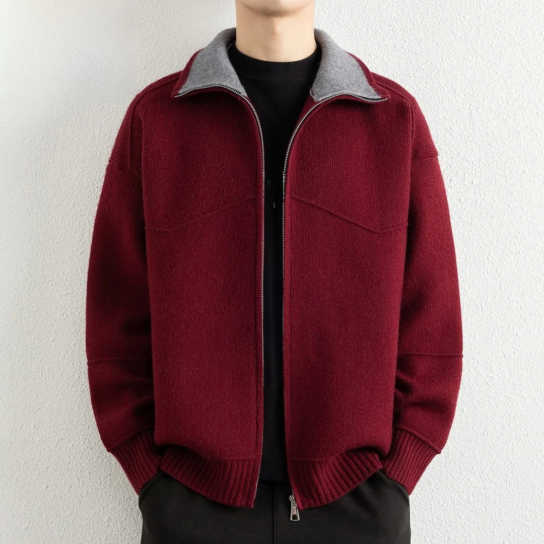 

Кардиган Pierre Cardin красный вязаный мужской, модный, весна-осень, новинка, с воротником-стойкой, трикотажный, базовый, на каждый день