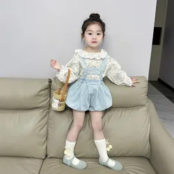 2024 Spring New Fresh Fragmented Flower Doll Shirt Spring Outage Wear Denim Strap Shorts Kids Clothes  Kids Clothes Girls