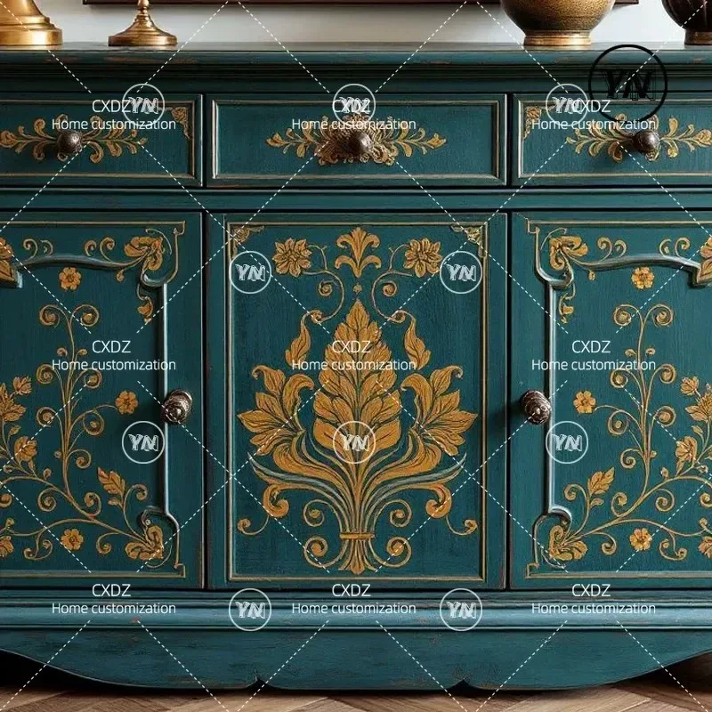 French Retro Painted Solid Wood Carved Flower Three Door Dining Side Cabinet Wabi Sabi Style Decorative Storage Locker