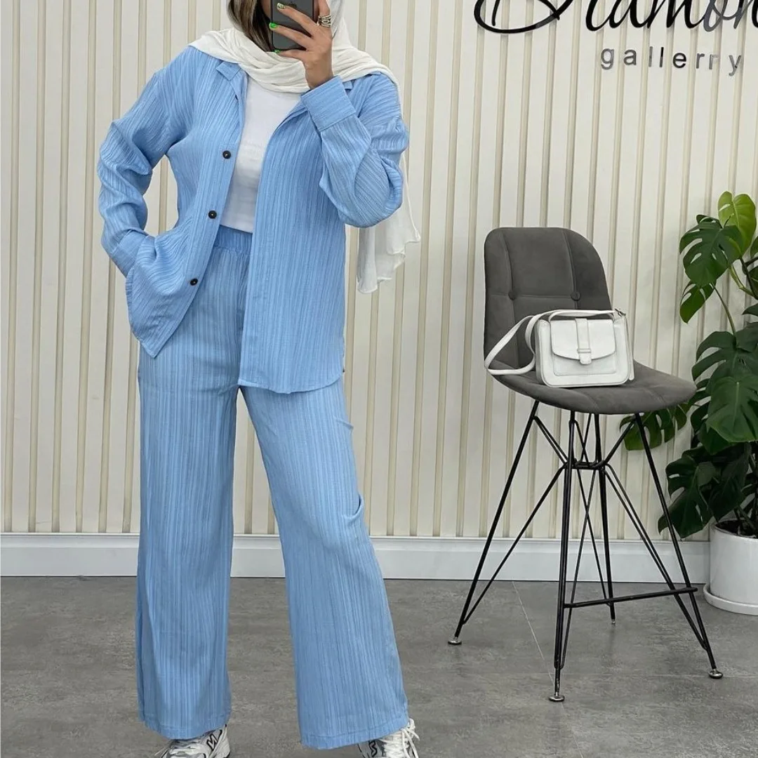 Women's Solid Pajama Set Loose Pleated Single Breasted Long Sleeve Ladies Lounge Wear with Pant Spring Pyjama Suit for Female