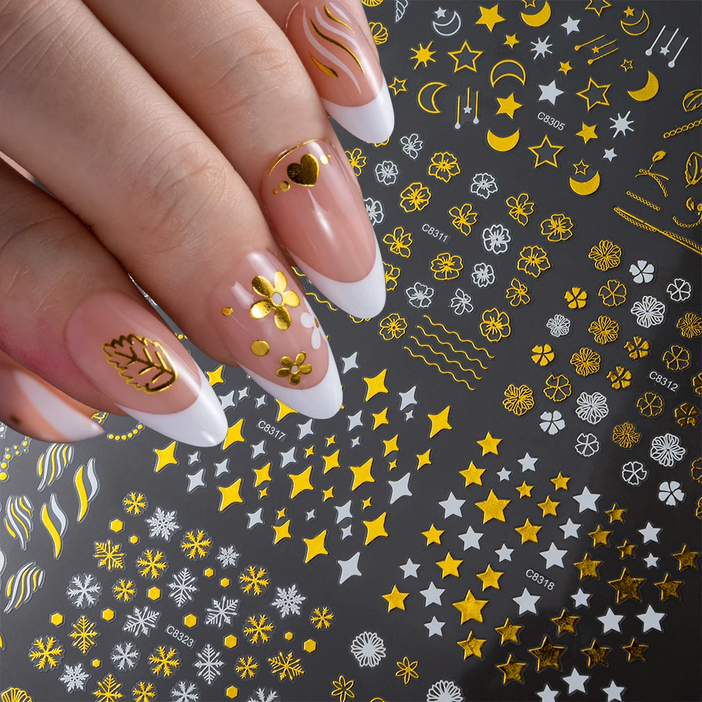 30pcs/Set Gold White Starburst/Pentagram 3D Nail Sticker Summer Leaves Flowers Geometrics Lines French Sticker DIY Nail Decors *