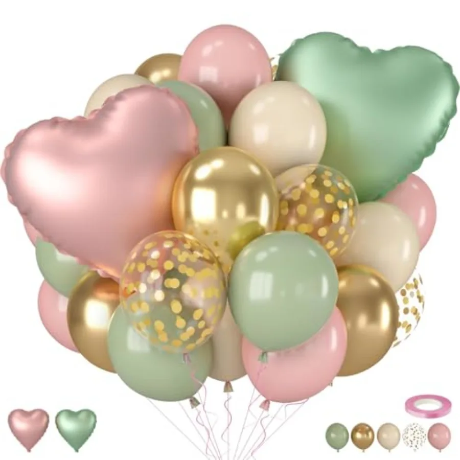 

and Balloons, 12 Inch Retro Sage Nude Metallic Confetti Balloons with Heart Foil Balloon for Mother's Day Jungle Woodland Birth