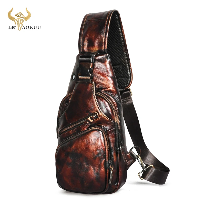 

Hot Sale Men Quality Crazy horse Leather Fashion Crossbody Chest Sling Bag Design Travel One Shoulder Bag Daypack For Male 8015