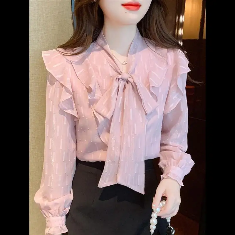 Chemise longue en mousseline de soie à nœud pour femme, couche de base, haut élégant pour la saison automne 2025