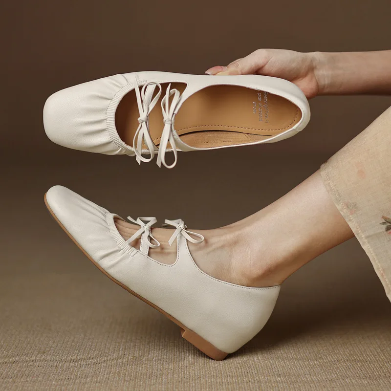 

Genuine Cowhide Ballet Flats - Women's Round Toe Mary Janes Pumps with Bow Lace Decor, Fashion Party Shoes