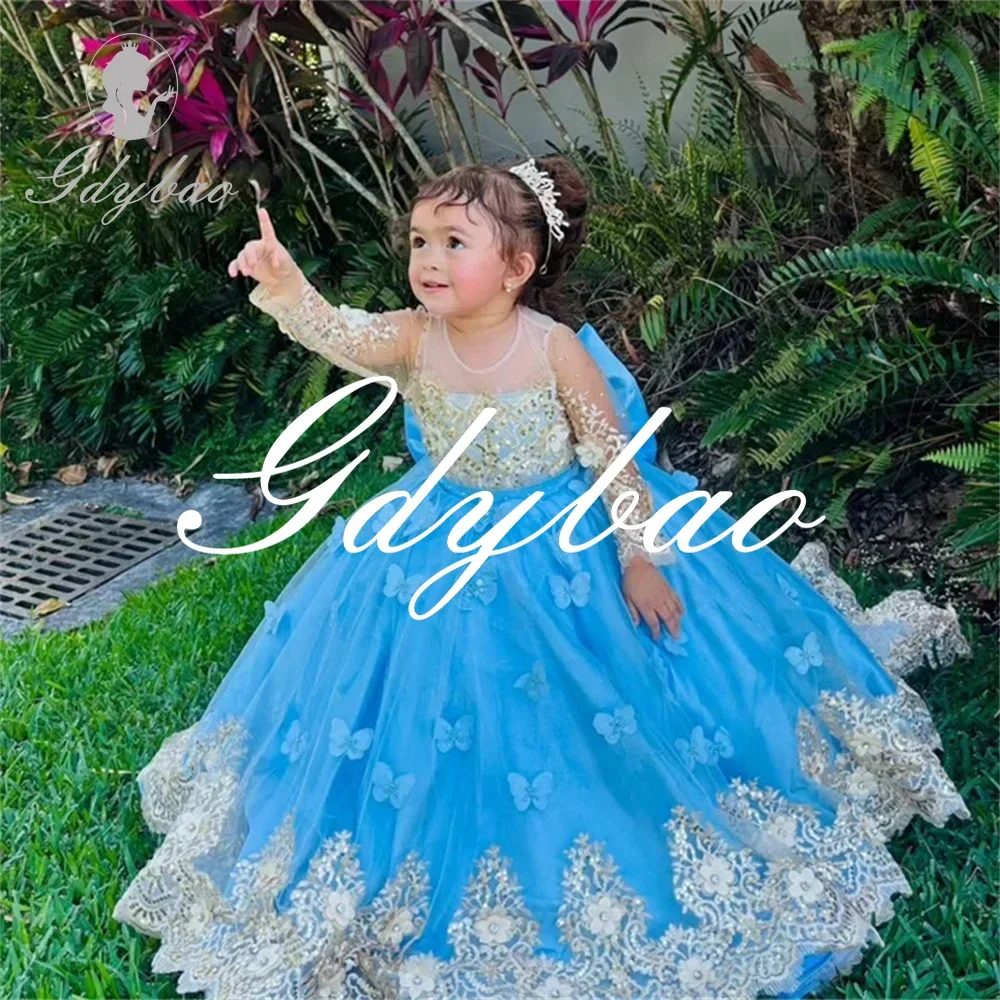 

Golden Applique O Neck Long Sleeve A Line Long Ball Flower Girl Dress Floor Length Sweep Train First Communion Gown Customized