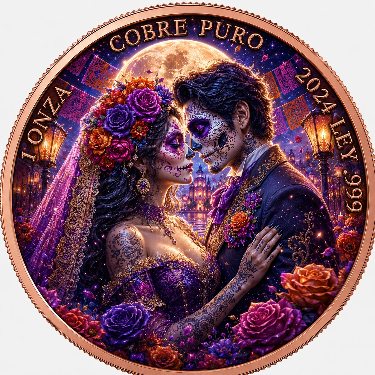 1 Onza Pure Copper .999 Ley Day of the Dead Moonlight Wedding Catrina Couple Color Copper Collectible Medal