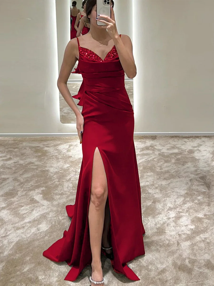 

Sequined Patchwork Evening Party Dress Long Backless Sleeveless Ruched Front Slit Bridesmaids Summer Prom Gown